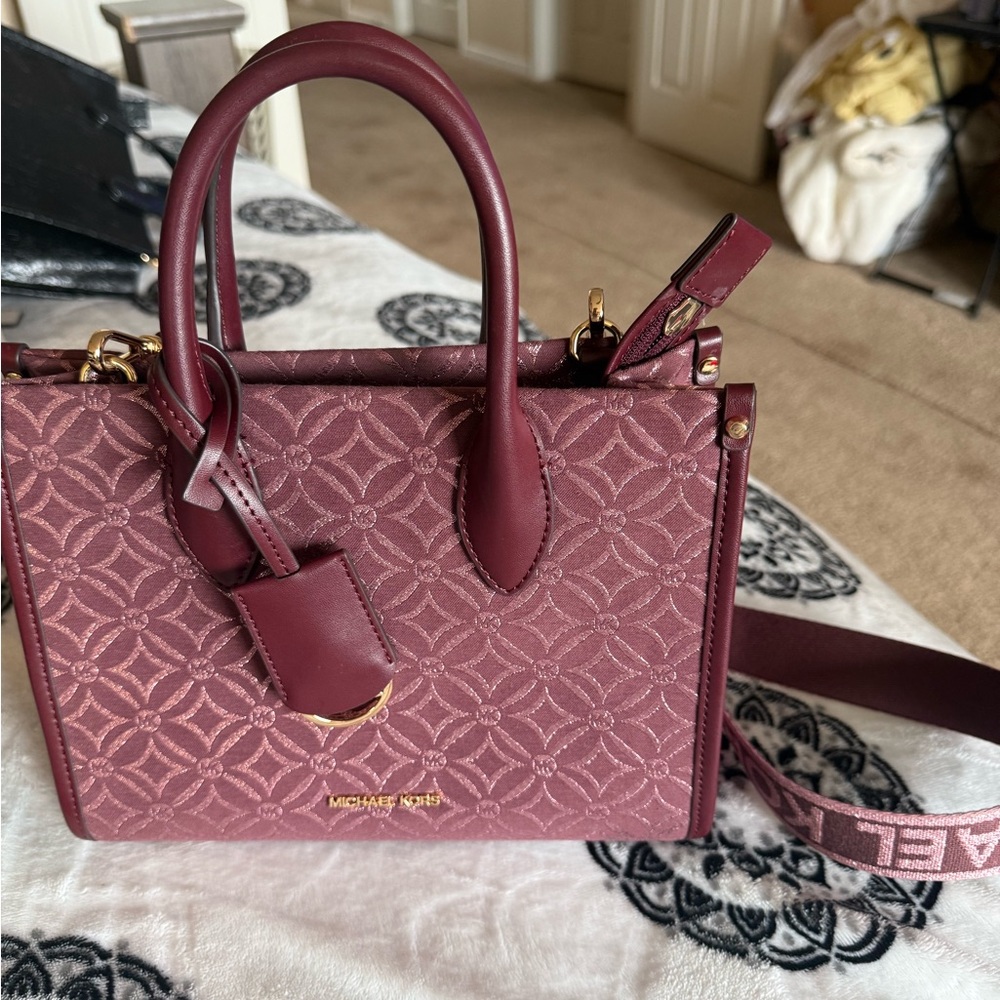 Michael Kors Red Satchel with Geometric Pattern